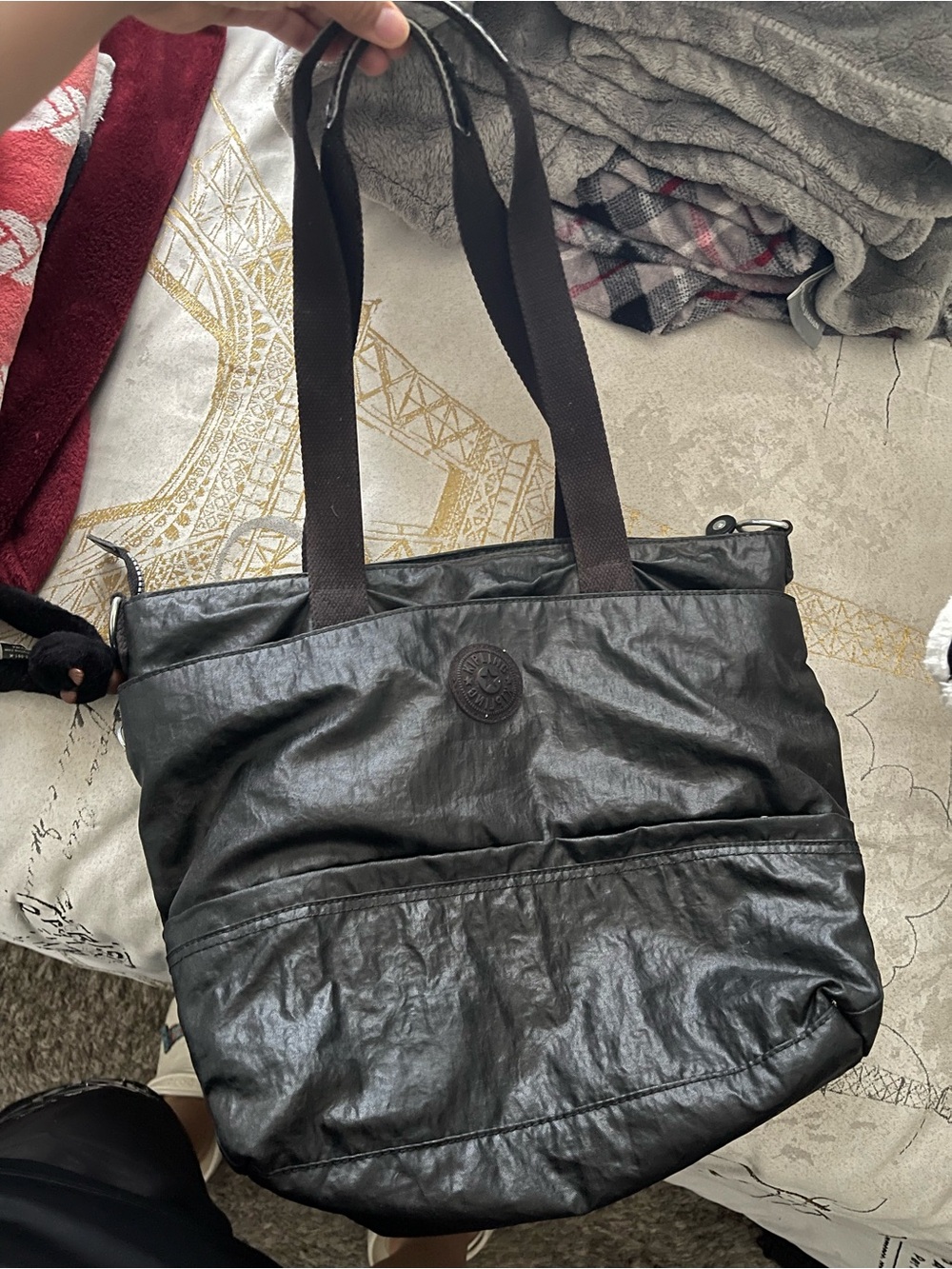 Kipling Black Nylon Tote with Brown Straps